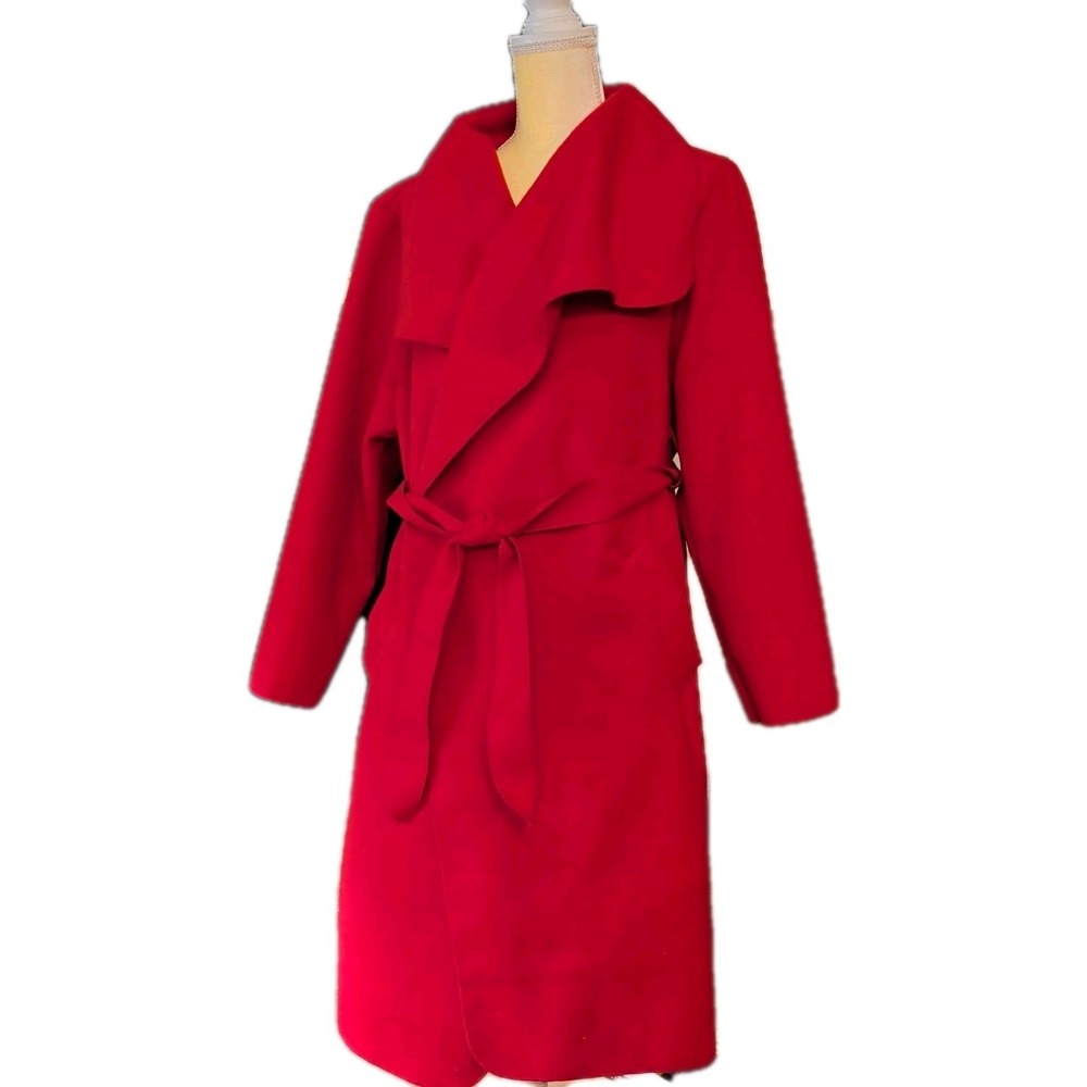 Italian Made Women Red Coat 100% Felted Poly Size L Long Sleeves W Tie & Pockets